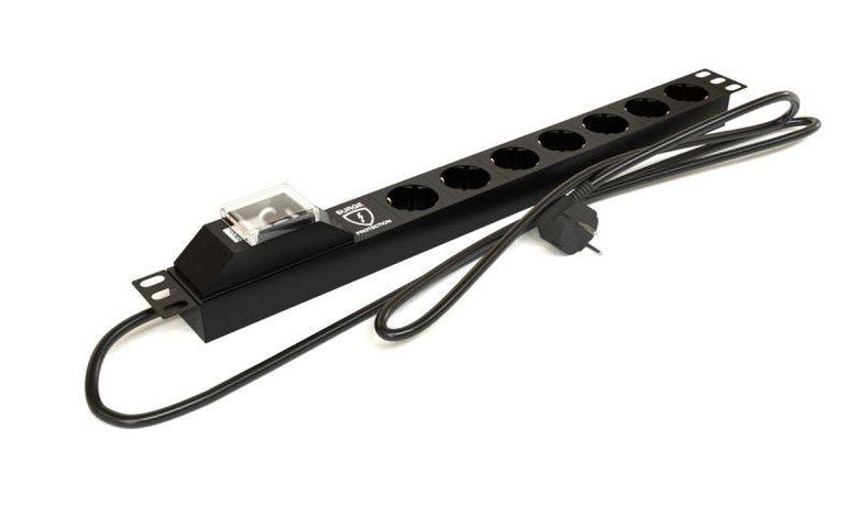 Блок розеток для 19дюйм шкафов горизонт. 7 Schuko автомат. выкл. защита от перенапряжения кабель питания 2.5м (3х1.5мм2) с вилкой 16А 250В 482.6х44.4х44.4мм (ДхШхВ) SHE19-7SH-BF-2.5EU Hyperline 457836