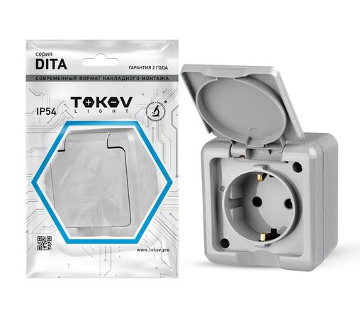 Розетка 1-м ОП Dita 16А IP54 250В с заземл. крышкой сер. TOKOV ELECTRIC TKL-DT-R1Z-C06-IP54