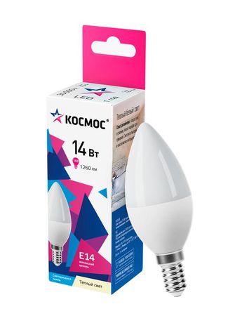 Лампа светодиодная LED 14Вт Свеча 220В Е14 D37х110 3000К теплый 1260 лм - LkecLED14wCNE1430 Космос