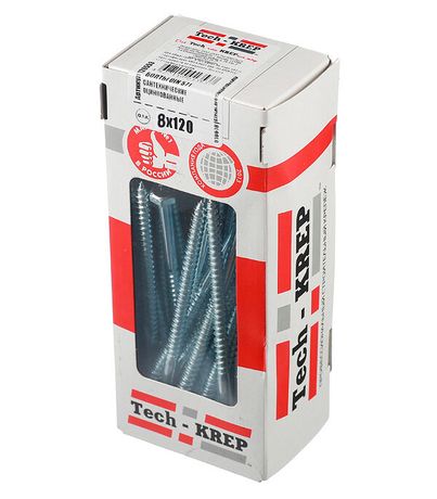Болт DIN 571 сантехнический оцинк 8х120 (20 шт) - коробка с ок. Tech-Kr ( 0,732 кг) | 126560 Tech-KREP