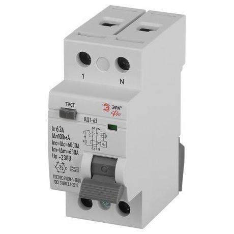 Выключатель дифференциального тока (УЗО) 2п 63А 100мА тип А ВД1-63 PRO электромеханич. VD2EM63A100 Эра Б0061774