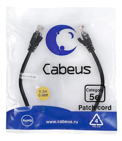 Патч-корд PC-UTP-RJ45-Cat.5e-0.3m-BK U/UTP, категория 5е, 2xRJ45/8p8c, неэкранированный, черный, PVC, 0.3м - 7658c Cabeus