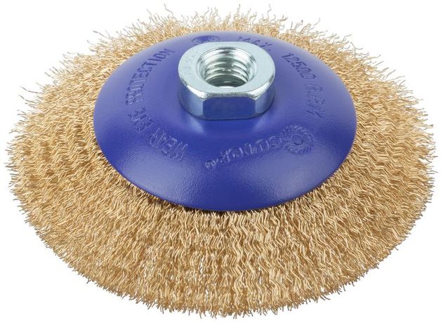 Щетка для УШМ, М14, Тарелка, латунированная витая проволока 0,3 мм, 115 блистер, Profi - 82-902 РОС