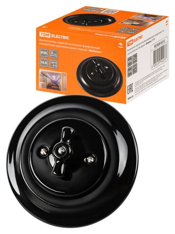 Выключатель скрытой установки фарфоровый поворотный 2-кл. с ручкой (бантик) 10А черный «Болонь» | SQ1820-0212 TDM