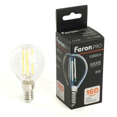 Лампа светодиодная LED 6вт Е14 дневной шар FILAMENT .PRO - 51258 FERON