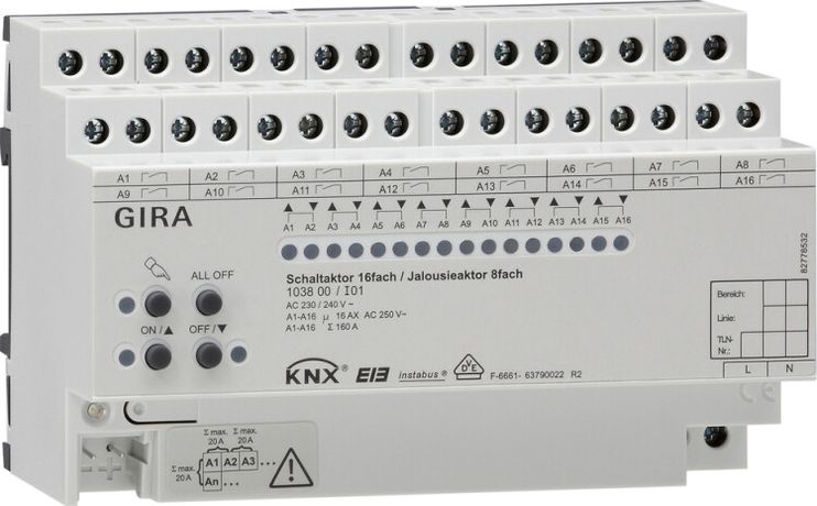 Актор для жалюзи/выкл 8/16-каналов 16 А возм руч управ DIN-рейка Gira KNX 103800