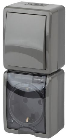 Блок розетка+выключатель вертикальный IP54, 16A(10AX)-250В, ОУ, 11-7407-03 Эра Эксперт, Серый | Б0036005