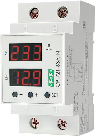 Реле напряжения с контролем тока и мощности CP-721-63A-N 1ф 2НО 2х63А разрывом нейтрали в соответствии ПУЭ 7.1.21 предназнач. для защ. сети бытовой техники от повыш. или пониж. напржения F&F EA04.009.028 Евроавтоматика