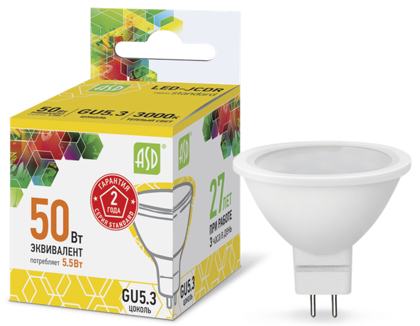 Лампа светодиодная LED-JCDR-standard 5.5Вт 3000К тепл. бел. GU5.3 495лм 160-260В ASD 4690612002262