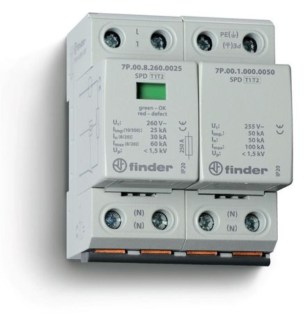 Устройство защиты от импульсных перенапряжений УЗИП тип 1+2 (1 варистор/искровый разрядник + 1 искровый разрядник) модульный 72мм IP20 FINDER 7P0282601025