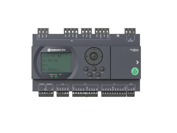 Контроллер логический программируемый S172, 24 VDC, дисплей, до 7 модулей расширения, 28 IO: 8 дискретных входов, выходов (реле, 3 A), аналоговых входов (NTC10K, PT1000, PT100, 0-10 V, 4-20 mA), 4 выхода (0-10 2xRS485, 1xRJ45, 1xUSB (Type C), A) - SM172PS11BDR APC