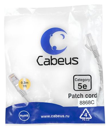 Патч-корд PC-FTP-RJ45-Cat.5e-0.3m-LSZH F/UTP, категория 5е, 2xRJ45/8p8c, экранированный, серый, LSZH, 0.3м - 8868c Cabeus