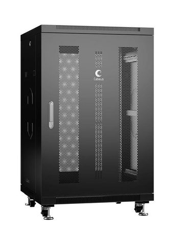 Шкаф монтажный телекоммуникационный напольн. ND-05C-18U60/80-BK 19дюйм 18U 600х800х988мм для распределит. и серверн. оборудования; передн. задн. перфорир. двери ручка с замком RAL 9004 черн. Cabeus 8562c