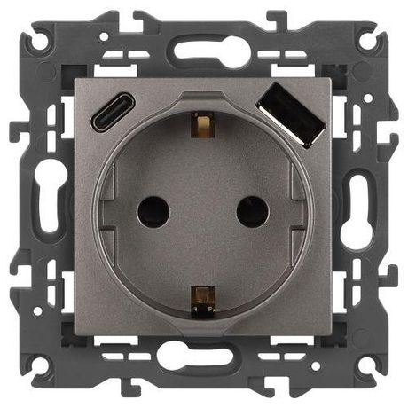 Розетка Elegance 14-4108-16 2P+E 16A-250В со шторками с USB type-A+C 5В-3А титан | Б0067695 ЭРА