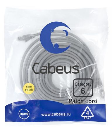 Патч-корд PC-UTP-RJ45-Cat.6-15m U/UTP, категория 6, 2xRJ45/8p8c, неэкранированный, серый, PVC, 15м - 8790c Cabeus