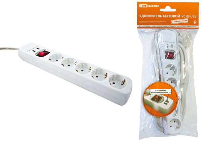 Удлинитель бытовой У05В-USB 5 гнезд, 2USB разъема, 1,5 метра, вык., з/к, ПВС 3х1мм2 16А/250В | SQ1303-0302 TDM