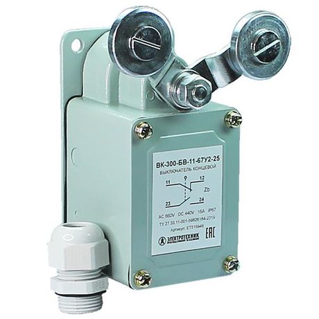 Выключатель концевой ВК-300-БВ-11-67У2-25 V-образный рычаг с роликом на каждом плече сальником ход вправо и влево без самовозврата ступень 2- 51мм IP67 Электротехник ET515949