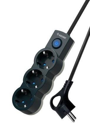 Удлинитель 3х1.5м с заземл. 10А IP20 2200Вт 220В защ. шторки ПВС 3х1 выкл. черн. КОСМОС YKsm1.5m-3g-Z-V10A-B