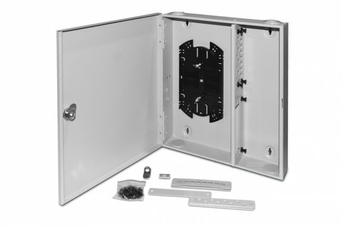 Бокс оптический FO-WBX-4хSLT-W140H42-32UN-GY универс. настенный от 8 до 32 портов (SC duplex LC ST FC) (со спайс. пласт. без пигтейлов. и прох. адапт.) сер. Hyperline 250442