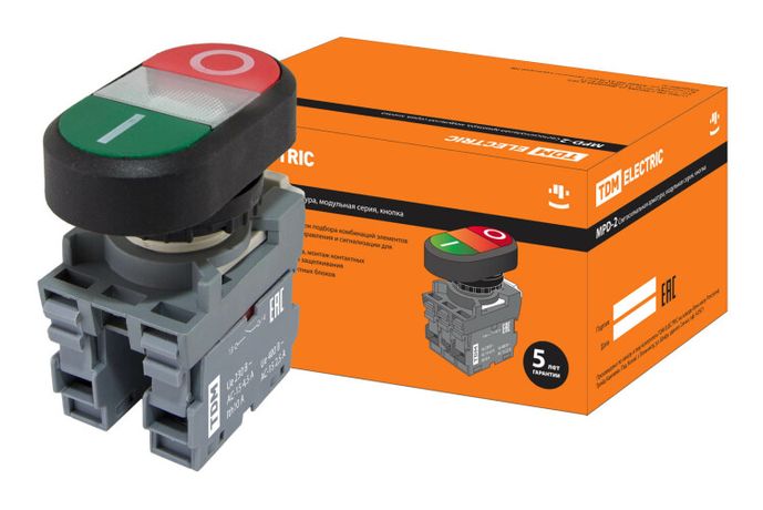 Кнопка двойная MPD2-11С (зеленая/красная) (LED) в сборе d22мм/220В (I/O) линза прозрачная | SQ0747-0049 TDM