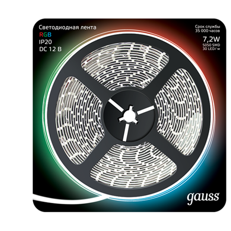 Лента светодиодная LED 5050/30-SMD 7,2 Вт/м 330 Лм/м RGB IP20 12 В DC 10 мм (блистер 5 м) Black Gauss - 312000407