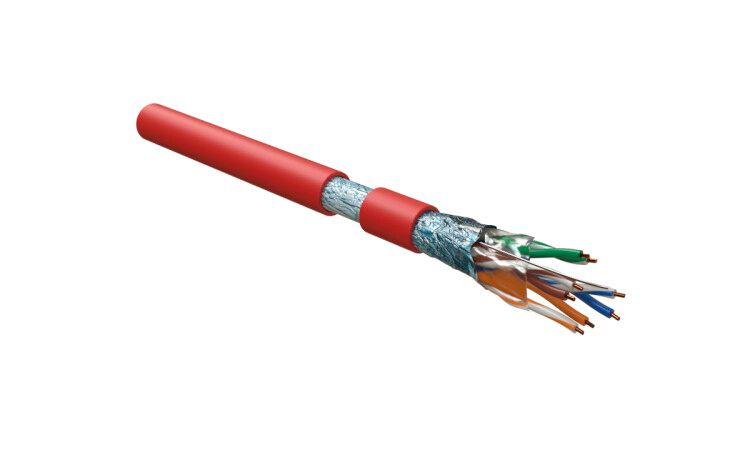 Кабель витая пара F/UTP кат.5E 4 пары 24 AWG ОЖ solid экран-фольга LSZH нг(А)-HF-20град.C-+75град.C FUTP4-C5E-S24-IN-LSZH-RD-305 гарантия: 15 лет компонентн./25 системн. красн. (уп.305м) Hyperline 444613