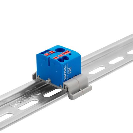 Блок распределительный с гориз. адаптером на рейку шириной 35мм, зажим push-in, 1 ввод 6 кв.мм, 4 точки подключения 2,5 синий - DTP1-104-104SPUB-H ДКС