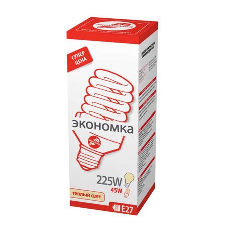Лампа энергосберегающая КЛЛ 45/827 E27 D64х157 спираль ЭКОНОМКА - LKsmT3SPC45wE2727eco