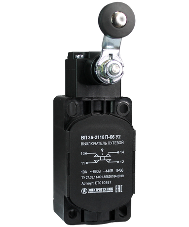Выключатель путевой ВП 36-2118П-66 У2 1НО+1НЗ 3А IP66 рычаг с пластик. роликом безинерционный 30х60мм без сальника Электротехник ET010887
