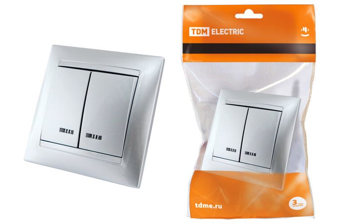 Выключатель 2 кл. с подсветкой 10А серебр. металлик "Лама" | SQ1815-0205 TDM