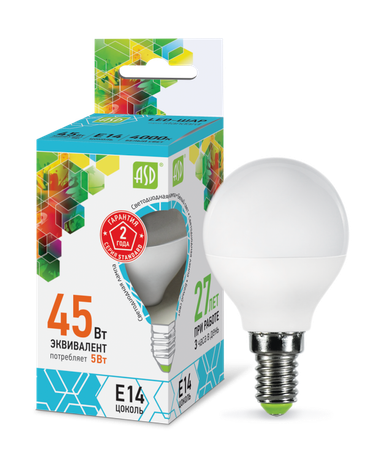 Лампа светодиодная LED-Шар-standard 5Вт шар 4000К нейтр. бел. E14 450лм 160-260В ASD 4690612002149
