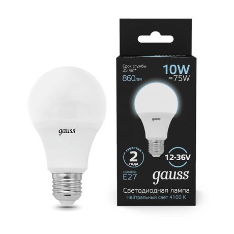 Лампа светодиодная LED 10 Вт 860 лм 4100К AC/DC12-36В E27 А60 (груша) нейтральный Низковольтная Black Gauss - 202502210