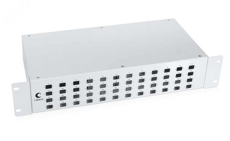 Кросс бокс оптический 19' на 48 SC (LC duplex) со сплайс-кассетой и КДЗС (без пигтейлов проходных адаптеров) - FO-19-48SC Cabeus 7937c