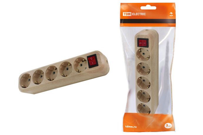 Колодка розеточная 5 гнезд 2П+3 с выключателем16А 250В "Эко" (сосна) | SQ1806-0055 TDM