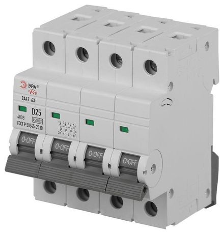 Автоматический выключатель PRO VA63-4P25D4.5 ВА47-63 4P 25А кривая D 4,5кА | Б0059486 ЭРА