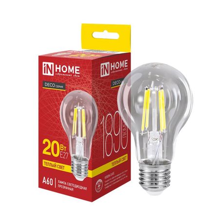 Лампа светодиодная LED-A60-deco 20Вт 230В Е27 3000К 1890Лм прозрачная IN HOME - 4690612063171 IN HOME арт. 4690612063171