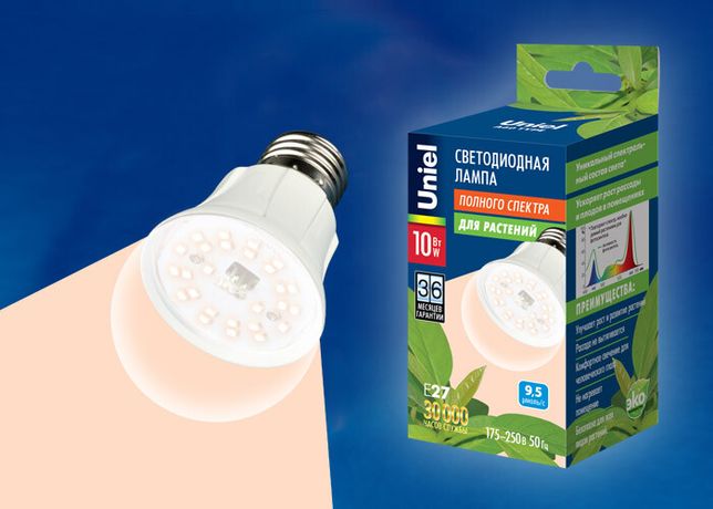 Лампа светодиодная LED-A60-10W/SPFR/E27/CL PLP01WH 10Вт A60 грушевидная прозрачная для растений (упак. картон) Uniel UL-00001820