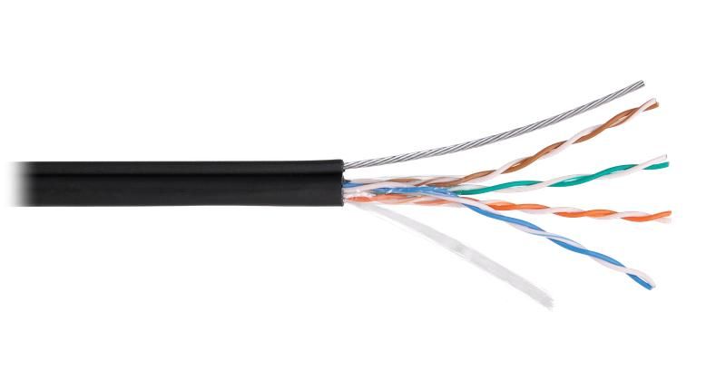 Кабель U/UTP кат.5E (класс D) 4 пары 24 AWG (0.5мм) тест по ISO/IEC 100МГц ож BC чистая медь внешн. PE до -60С с мж тросом 1.25мм черн. (уп.500м) NIKOLAN NKL 4805B-BK