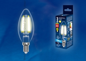 Лампа светодиодная LED 6вт 200-250В свеча прозрачное 500Лм Е14 3000К Uniel Sky филамент - UL-00000199 PLS02WH картон купить в Москве по низкой цене