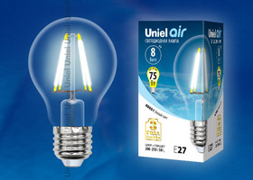 Лампа светодиодная LED-A60-8W/NW/E27/CL GLA01TR LED. "груша" прозр серия Air. 4000K | UL-00002212 Uniel