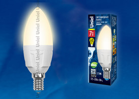Лампа светодиодная LED-C37 7W/WW/E14/FR PLP01WH форма "свеча" мат. серия "ЯРКАЯ" свет теплый бел. 3000К упак.картон Uniel UL-00002413