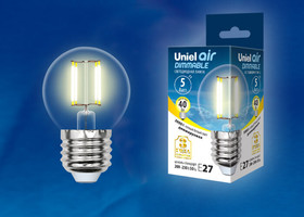 Лампа светодиодная диммируемая LED-G45-5W/WW/E27/CL/DIM GLA01TR форма "шар" прозр. Air свет теплый бел. 3000К упак. картон Uniel UL-00002868
