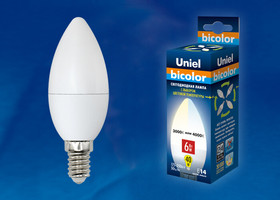 Лампа светодиодная LED-C37-6W/WW+NW/E14/FR PLB01WH форма "свеча" мат. Bicolor свет теплый бел. упак. картон Uniel UL-00001570