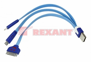Кабель USB 3 в 1 Lightning/30pin/micro USB/PVC/flat/blue/0.15m Rexant 18-4255 светящиеся разъемы для iPhone шнур м синий SDS КГтп-ХЛ 4х2.5 01-8425-5 купить в Москве по низкой цене
