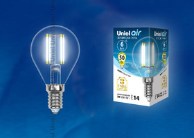 Лампа светодиодная LED-G45-6W/NW/E14/CL GLA01TR LED. "шар", прозр серия Air. 4000K | UL-00002207 Uniel