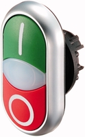 Кнопка сдвоенная с сигнальной лампой без фиксации зеленый+красный обозначением I O, M22-DDL-GR-X1/X0 EATON 216700 аналоги, замены