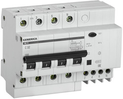 Выключатель автоматический дифференциального тока АД14 4п 32А C тип AC (6,5 мод) GENERICA | MAD15-4-032-C-030 IEK (ИЭК)