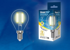 Лампа светодиодная диммируемая LED-G45-5W/WW/E14/CL/DIM GLA01TR форма "шар" прозр. Air свет теплый бел. 3000К упак. картон Uniel UL-00002866
