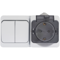 Блок выключатель с розеткой влагозащищённый Schneider Electric Этюд 2 клавиши заземлением крышкой IP44 цвет серый