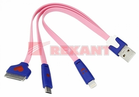 Кабель USB 3 в 1 Lightning/30pin/micro USB/PVC/flat/pink/0.15m Rexant 18-4251 светящиеся разъемы для iPhone шнур м розовый SDS купить в Москве по низкой цене